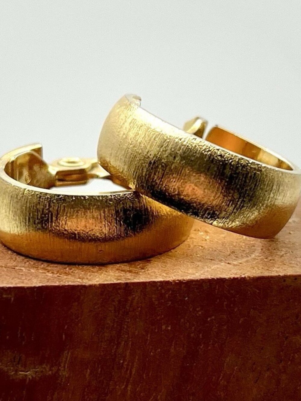 Vintage 80s Monet Gold Tone Clip On Hoop Earrings Brushed Satin Finish Retro